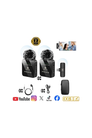 2 Li Kablosuz Yaka Mikrofonu Type-c & Lightning , Dsp Gürültü Azaltma, Android Apple Uyumlu iPhone Canlı Yayın Video Ses Kayıt Mikrofonu
