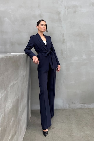 Msm Fashion Kadın İkili Kuşaklı Blazer Ceket Pantolon Takım Lacivert