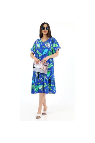 Schık Kadın Viskon Yarım Kol V Yaka Cepli Fırfırlı Elbise Kırmızı Saks