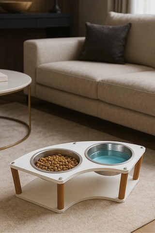 Reyo Ok-ay Store Lunara Modern Ahşap Demonte Kedi Ve Köpek Mama Standı 2'li Paslanmaz Çelik Kaseli Beyaz