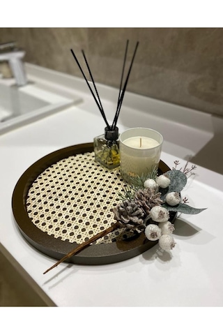Rattan Hazeran Yuvarlak Tepsi Kahverengi %100 Doğal Hazeran