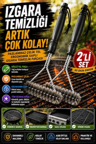 2 Adet Barbekü Mangal Izgara Temizlik Fırçası Paslanmaz Çelik Tel Ergonomik Saplı Izgara Fırçası