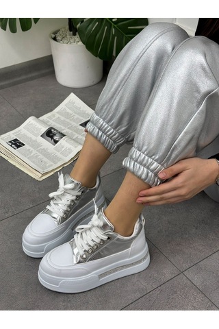 Erva'nın Butiği Gümüş Beyaz Miles Taş Detay Yüksek Taban Bağcıklı Sneakers-5635