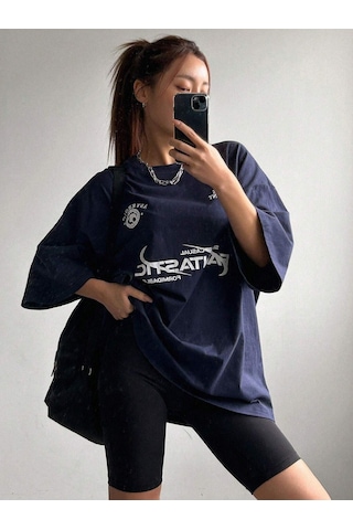 Fantastıc Süprem T-shirt - Lacivert Baskılı Oversize Bisiklet Yaka Tişört Lacivert-75049