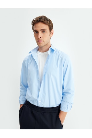 Koton Slim Fit Gömlek Uzun Kollu Yarım İtalyan Yaka Pamuklu Mavi 5wam60110hw Mavi