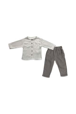 Babysena Erkek Çocuk Yuvarlak Yaka Müslin Gömlek Pantolon Takım 1-6 Yaş Gri