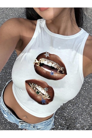 Afri Kadınbeyaz Baskılı Crop Atlet Diş Grillz Desenli, Sokak Modası Tarzı Beyaz