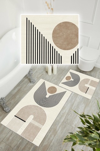 Dijital Baskı Modern Kaymaz Taban 2li Set Banyo Paspası Klozet Takımı 50x60cm-60x100cm Kahverengi