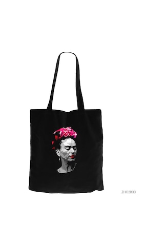Frida Kahlo Portre - 6 Siyah Kanvas Bez Çanta Siyah