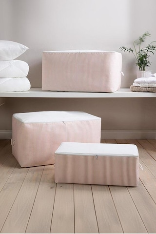 Pembe Çizgili Medium Baza Çekyat Altı 5 Adet Hurç 50x30x20cm Pembe