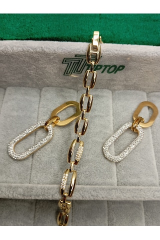 Tiptop/ Gold Renk Zirkon Taşlı Sallantılı Model Çelik Küpe - Zincir Model Zirkon Taşlı Bileklik Gold