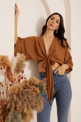 Darlin Moda Kahverengi Önden Bağlamalı Crop Kimono Dm7004 Kahverengi