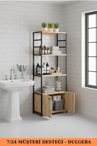 Metal Banyo Dolabı 2 Kapaklı 4 Raflı Çok Amaçlı Havlu Düzenleyici Banyo Dolabı Çok Amaçlı Raf Çam