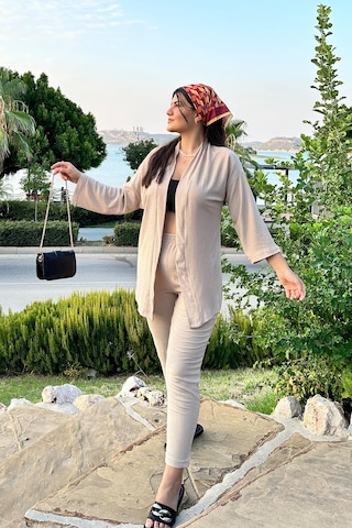 Taş Renk Cep Detaylı Dar Paça Kimono Takım Taş