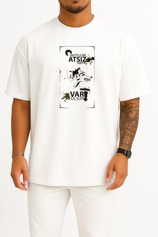 Bahriyeli Collection Oversize Vaktiye Bir Atsız Varmış Nihal Atsız Göğüs Tasarımlı Unisex T-shirt Beyaz
