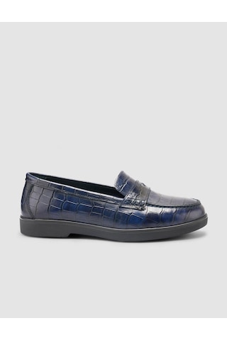 %100 Hakiki Deri Lacivert Croco Desen Kadın Loafer Lacivert