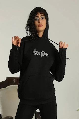 Zenna Tarz Sırt Baskılı Oversize Üç İplik Kapüşonlu Sweatshirt - Siyah