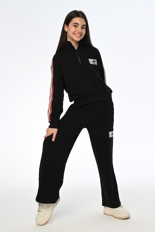 Kız Çocuk Yarım Fermuarlı Kolları Şeritli Dik Yaka Sweatshirt-13399-siyah Siyah