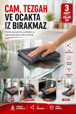 3'lü Mikrofiber Mutfak Temizlik Bezi 40x40 Cm Süper Emici İz Bırakmayan Çok Amaçlı Gri Bez Seti