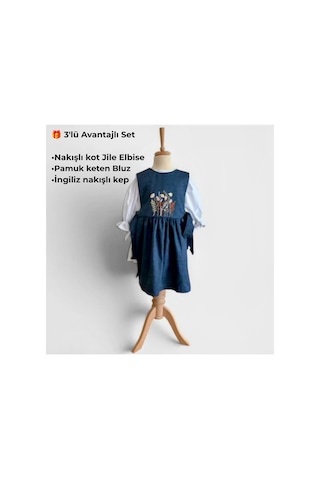 Bebe Nakış İşlemeli Denim Kot Elbise Seti Mavi