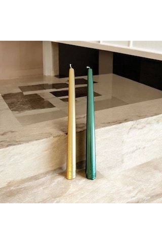 Denic 2 li Metalik Yeşil ve Gold Şamdan Mum Konik Mum
