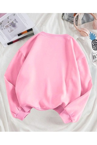 Baskısız Düz Sweatshirt - Pembe Kalın Kışlık Şardonlu Uzun Kol Oversize Bisiklet Yaka Pembe