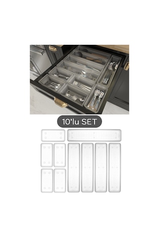 Meleni Home 10'lu Modüler Set Kaşıklık Çekmece Içi Düzenleyici Çatal Kaşık Bıçak Düzenleme Organizeri Şeffaf