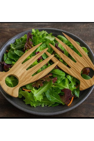 Zeytin Ağacı Salata Eli 2 Li Set Doğal Ahşap Salata Karıştırıcı El Yapımı Servis Maşası 15x9