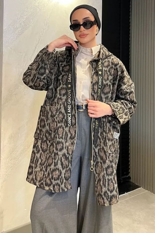 Kapşonlu Leopar Desenli Uzun Kaşe Ceket LEOPAR