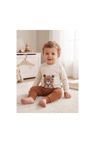 Minimal Erkek Bebek Gözlüklü Ayıcık Baskılı Omuzdan Düğmeli Sweatshirt Ve Beli Lastikli Eşofman Alt Üst Takım Kahverengi