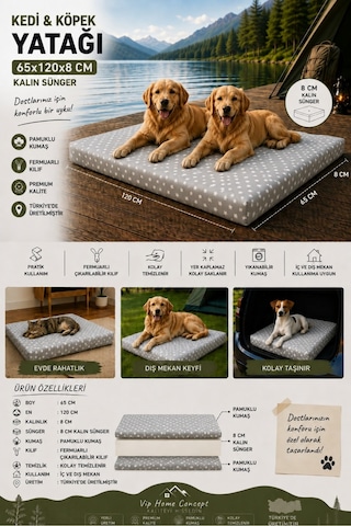 Xl Büyük Irk Köpek Yatağı Süngerli Fermuarlı Yıkanabilir Kılıflı Köpek Minderi 65x120x8 Cm-gri Yıldız