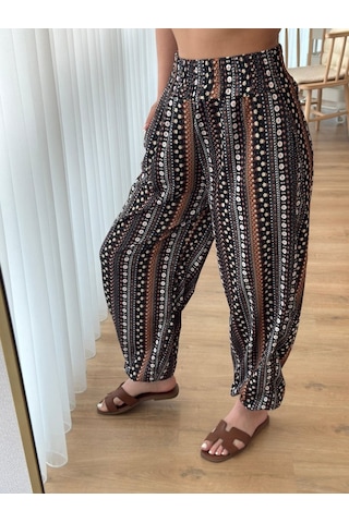 Sensuelle Kadın Yüksek Bel Etnik Desenli Geniş Dökümlü Bürümcük Pantolon Çok Renkli
