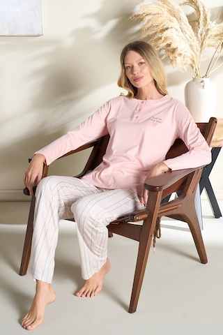 Kadın Büyük Beden Penye Uzun Kol Pijama Takımı 3195 Pudra Pudra