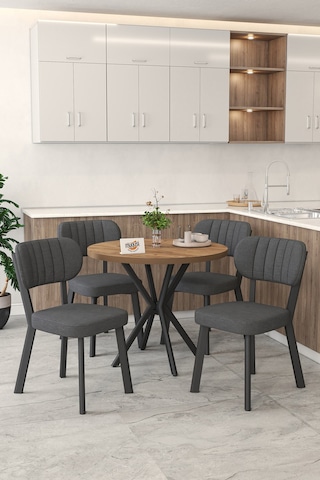Gnr 90cm Sabit Atlantik Mutfak Masası Takımı, Yemek Masası, 4 Modern Antrasit Sandalye Antrasit