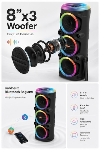 Taşınabilir Mikrofonlu 90w Led Işıklı Bluetooth Karaoke Hoparlör Seti
