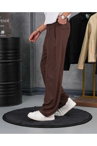 Modefendi Baggy Kalıp Pile Detaylı Kumaş Pantolon Kahverengi
