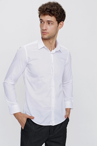 İmza Beyaz Uzun Kol Düz Bez Ayağı Sert Yaka Cepsiz Pamuklu Basic Slim Fit Gömlek 1004250057 600 Beyaz