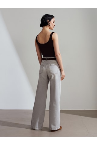 Dilvin 72288 %100 Pamuk Kemerli Wide Leg Jean-gri Gri