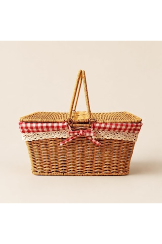Tr Hasır Piknik Sepeti, Kırmızı Ekoseli Ve Dantelli Kapaklı Taşıma Sepeti, 39x27x18 Cm Ahşap Görünümlü Pikni Diğer