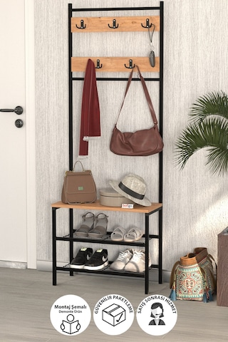 Bofigo 3 Raflı Metal Portmanto Elbise Askılığı Vestiyer Ayakkabılık Samanyolu Çam Çam