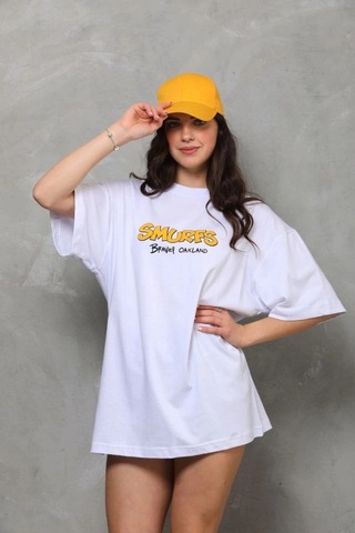 Freedom Store Kadın Bisiklet Yaka Baskılı Oversize T-shirt - Beyaz