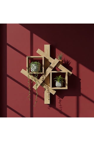 Masif Ahşap Modern Duvar Rafı - 60x50 Cm Dekoratif Geometrik Kitaplık Ve Çiçeklik Bej