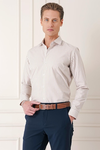 Efor Slim Fit Dikine Çizgili %100 Pamuk Klasik Bej Beyaz Gömlek Gk 721 Bej