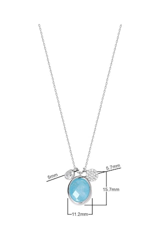 Zirkon Taşlı Pırlanta Montür Gümüş Rengi Kaplama Ortası Turkuaz Taşlı Desenli Oval Gümüş Kolye Gold - Rose Gold - Gümüş