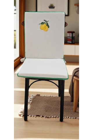 Limon Nakışlı Buldan Keteni Arkalıklı Fermuarlı Sandalye Minderi Naturel