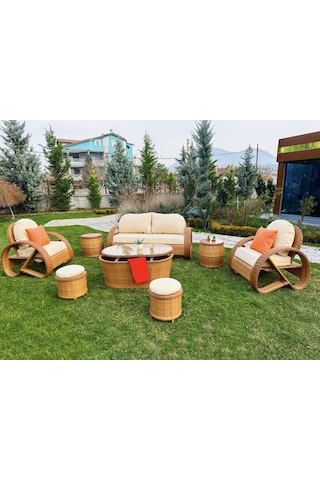 Monalin Home Garden Helix 5 Kişilik Ekstra Lüks Rattan El Örgüsü Bahçe & Balkon & Teras Oturma Grubu Minderli & Camlı Oturma Grubu Krem