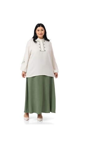 Büyük Beden Nakış Detaylı Bluz Etek Haki İkili Takım Haki