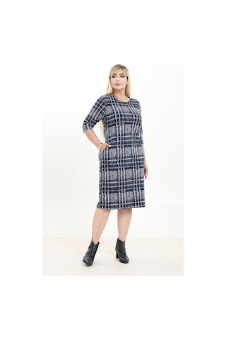 Çift Cepli Desenli Esnek Kışlık Büyük Beden Midi Elbise 37d-2739 Lacivert