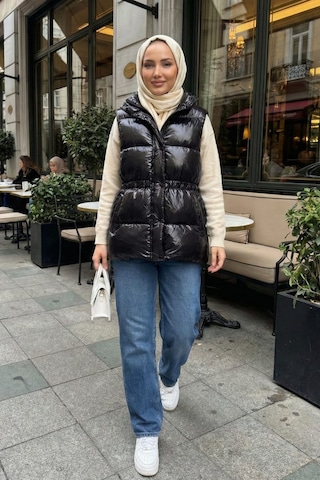 Hb Harma Time Butik Kadın Fermuarlı Cepli Parlak Şişme Siyah Yelek Siyah Siyah