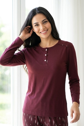 Aura Collections Kadın Pamuklu Uzun Kollu Üç Düğmeli Biyeli Soft Örme Pijama Takımı Bordo